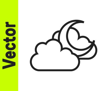 Beyaz zemin üzerinde ay simgesi olan siyah çizgi bulutu. Bulutlu gece işareti. Uyku rüyalarının sembolü. Gece ya da yatak zamanı tabelası. Vektör.