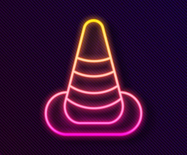 Parlayan neon hattı trafik konisi simgesi siyah arkaplanda izole edildi. Vektör.