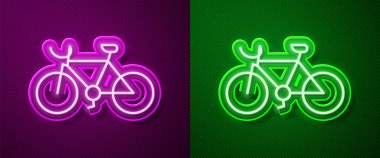 Parlayan neon çizgisi bisiklet simgesi mor ve yeşil arkaplanda izole edildi. Bisiklet yarışı. Olağanüstü bir spor. Spor malzemeleri. Vektör.