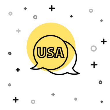 Siyah çizgi ABD etiket simgesi beyaz arkaplanda izole edildi. Amerika Birleşik Devletleri. Rastgele dinamik şekiller. Vektör.