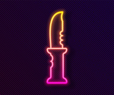 Parlayan neon hattı askeri bıçak ikonu siyah arka planda izole edildi. Vektör.