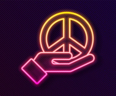 Parlayan neon hattı barış simgesi siyah arkaplanda izole edildi. Hippi barış sembolü. Vektör.