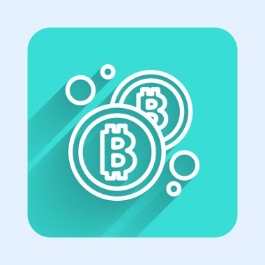 Beyaz çizgi kripto para birimi Bitcoin simgesi uzun gölgeli izole edilmiş. Madeni para. Engelleme zinciri tabanlı şifreli para birimi. Yeşil kare düğmesi. Vektör.