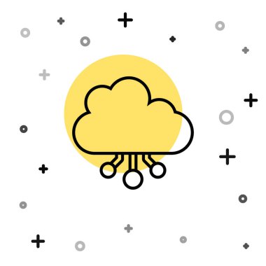 Siyah çizgi kripto para birimi bulut maden ikonu beyaz arka planda izole. Engelleme teknolojisi, bitcoin, dijital para piyasası, kripto para cüzdanı. Rastgele dinamik şekiller. Vektör.