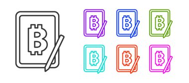 Beyaz arka planda izole edilmiş grafik tablet simgesinden siyah çizgi madencilik bitcoin. Kripto para birimi madenciliği, engelleme zinciri teknoloji servisi. Simgeleri renklendirin. Vektör.