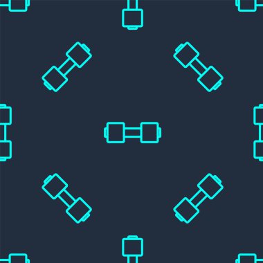 Yeşil çizgi Dumbbell simgesi mavi arka planda kusursuz desen izole etti. Kas kaldırma ikonu, fitness halteri, spor aletleri, egzersiz yaban domuzu. Vektör.