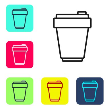 Beyaz arkaplanda siyah çizgi fitness sallama simgesi izole edildi. Su ve protein kokteylleri için kapaklı spor karıştırıcı şişesi. Renkli kare düğmelerle simgeleri ayarla. Vektör.