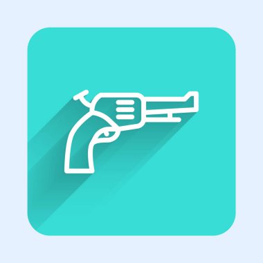 Uzun gölgeli beyaz çizgi Revolver silah ikonu. Yeşil kare düğmesi. Vektör.