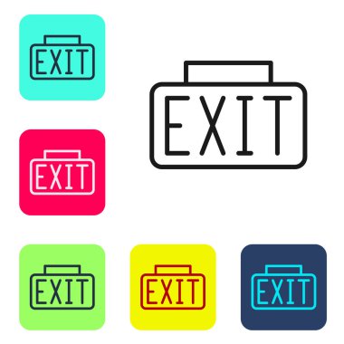 Siyah çizgi Çıkış simgesi beyaz arkaplanda izole edildi. Acil durum ikonunu ateşle. Renkli kare düğmelerle simgeleri ayarla. Vektör.