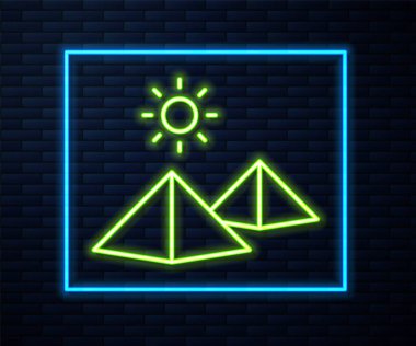 Parlayan neon hattı Mısır piramitleri, tuğla duvar arka planında izole edilmiş bir simge. Antik Mısır 'ın sembolü. Vektör.