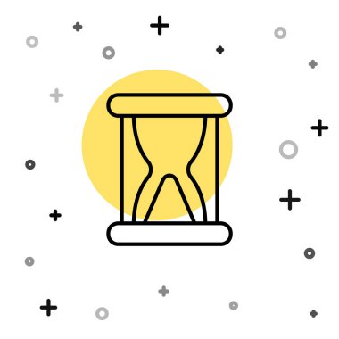 Siyah çizgi Beyaz zemin üzerinde kum ikonu akan eski kum saati. Kum saati işareti. İş ve zaman yönetimi kavramı. Rastgele dinamik şekiller. Vektör.