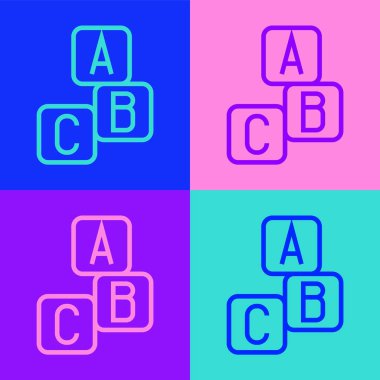Pop sanat çizgisi ABC blok simgesi renk arkaplanında izole edildi. A, B, C harfli alfabe küpleri. Vektör.