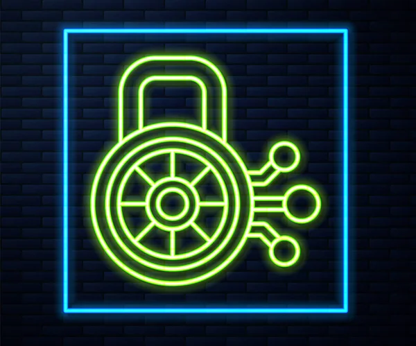 Icono Seguridad Cibernética Línea Neón Brillante Aislado Fondo Pared Ladrillo — Vector de stock