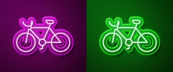 Leuchtende Leuchtschrift Fahrradsymbol Isoliert Auf Violettem Und Grünem Hintergrund Radrennen — Stockvektor
