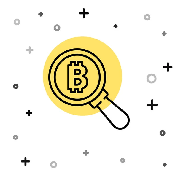 Black Line Magnifying Glass Bitcoin Icon Isolated White Background Physical — Stock Vector