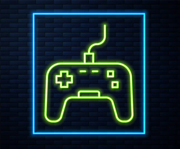 Gloeiende Neon Lijn Gamepad Pictogram Geïsoleerd Baksteen Muur Achtergrond Spelregelaar — Stockvector