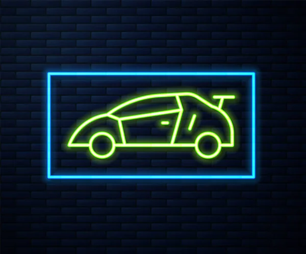 Linea Neon Incandescente Icona Auto Corsa Sportiva Isolata Fondo Muro — Vettoriale Stock