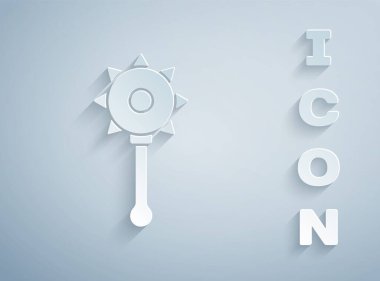 Kağıt kesiği Ortaçağ zincirlenmiş top ikonu gri arka planda izole edilmiş. Ortaçağ silahı. Kağıt sanatı tarzı. Vektör.