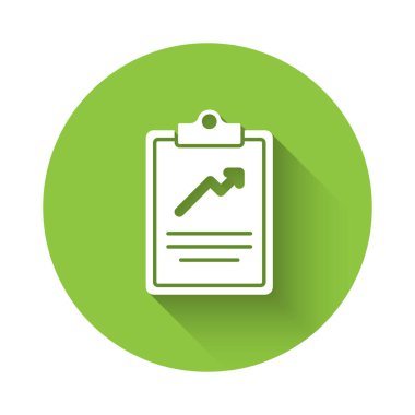 Grafik çizelgesine sahip beyaz pano uzun gölgeli izole edilmiş. Metin dosya simgesini rapor et. Muhasebe tabelası. Denetim, analiz, planlama. Yeşil daire düğmesi. Vektör.