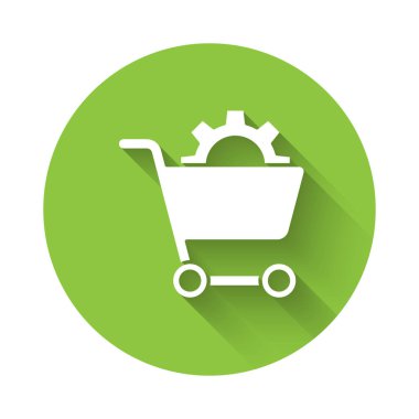 Uzun gölgeli beyaz alışveriş arabası ikonu. İnternetten satın alma konsepti. Teslimat servisi. Süpermarket sepeti. Yeşil daire düğmesi. Vektör.