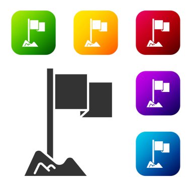 Beyaz arkaplanda Siyah Bayrak simgesi izole edildi. Yer belirleyici sembol. Renkli kare düğmelerle simgeleri ayarla. Vektör.