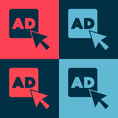 Pop Art Reklamcılık simgesi renk arkaplanında izole edildi. Pazarlama ve tanıtım süreci kavramı. İlgili reklamlar. Sosyal medya reklamcılığı. Vektör.