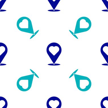 Kalp simgesine sahip mavi harita işaretçisi beyaz arka planda izole edilmiş kusursuz desen. Sevgililer Günü. Aşk yeri. Romantik harita iğnesi. Vektör.