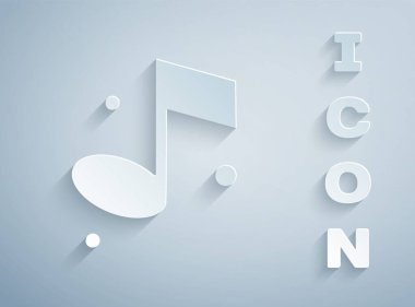 Kağıt kesiği Müzik notası, ton simgesi gri arkaplanda izole edilmiş. Kağıt sanatı tarzı. Vektör.