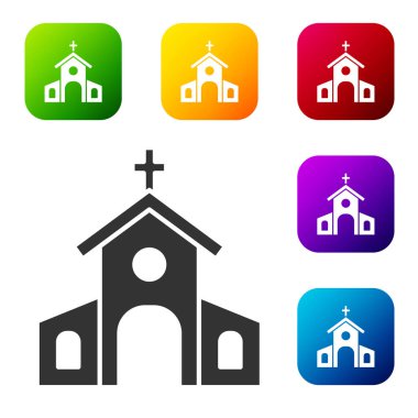 Siyah Kilise binası ikonu beyaz arka planda izole edilmiş. Hıristiyan Kilisesi. Kilisenin dini. Renkli kare düğmelerle simgeleri ayarla. Vektör.