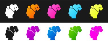 Siyah ve beyaz arka planda kalp ikonu olan insan kafası ayarlayın. İnsan kafasıyla aşk kavramı. Vektör.