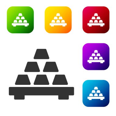 Beyaz arkaplanda siyah altın çubuk simgesi izole edildi. Bankacılık işi konsepti. Renkli kare düğmelerle simgeleri ayarla. Vektör.