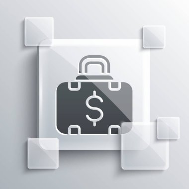 Gri evrak çantası ve para ikonu gri arka planda izole edildi. İş ilanı. İş portföyü. Kare cam paneller. Vektör.