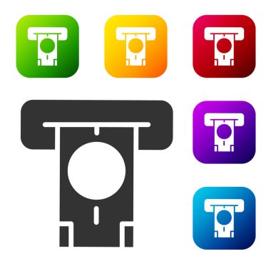 Siyah ATM - Otomatik veznedar ve para ikonu beyaz arka planda izole edildi. Renkli kare düğmelerle simgeleri ayarla. Vektör.