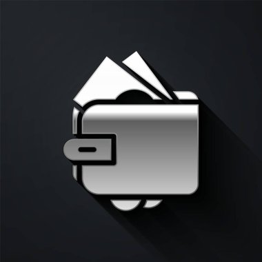 Üzerinde kağıt para desteleri olan gümüş cüzdan siyah arka planda izole edilmiş nakit para ikonu. Çanta ikonu. Nakit tasarruf sembolü. Uzun gölge tarzı. Vektör.