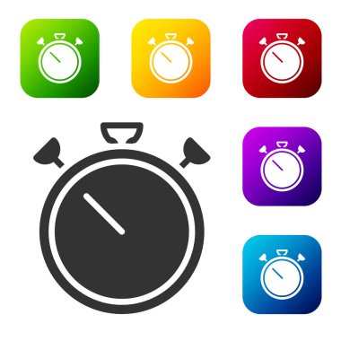 Siyah Kronometre simgesi beyaz arkaplanda izole edildi. Zaman göstergesi. Kronometre işareti. Renkli kare düğmelerle simgeleri ayarla. Vektör.