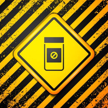 Siyah spor doping, anabolik uyuşturucu ikonu sarı arka planda izole edilmiş. Anabolik steroid tableti. Haplar kavanozda. Uyarı işareti. Vektör.