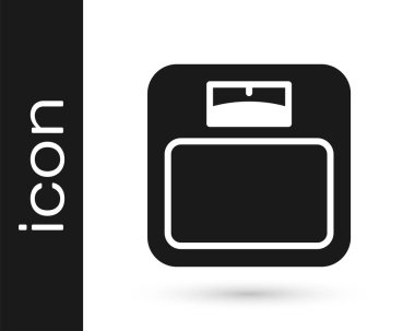 Siyah banyo ölçekli ikon beyaz arka planda izole edilmiş. Ağırlık ölçme ekipmanı. Ağırlık ölçeği spor konsepti. Vektör.