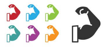 Siyah vücut geliştirici beyaz arka planda izole edilmiş kas simgesini gösteriyor. Formda kalmak, güçlü sağlık hobisi kavramı. Simgeleri renklendirin. Vektör.