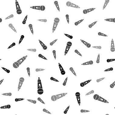 Siyah mikrofon simgesi beyaz arkaplanda izole edilmiş kusursuz desen. Radyodaki mikrofondan. Sözcü işareti. Vektör.