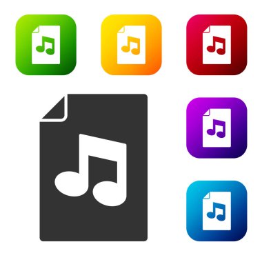 Beyaz arkaplanda izole edilmiş not simgesi olan siyah müzik kitabı. Notalı nota kağıdı. Müzik notaları için not defteri. Renkli kare düğmelerle simgeleri ayarla. Vektör.