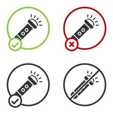 Beyaz arkaplanda siyah el feneri simgesi izole edildi. Çember düğmesi. Vektör.