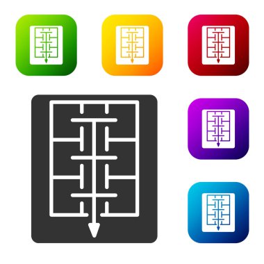 Siyah Tahliye Planı simgesi beyaz arkaplanda izole edildi. Yangın kaçış planı. Renkli kare düğmelerle simgeleri ayarla. Vektör.