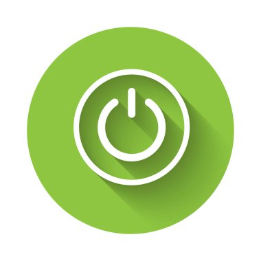 Beyaz Güç simgesi uzun gölgeyle izole edildi. Başlat işareti. Yeşil daire düğmesi. Vektör.