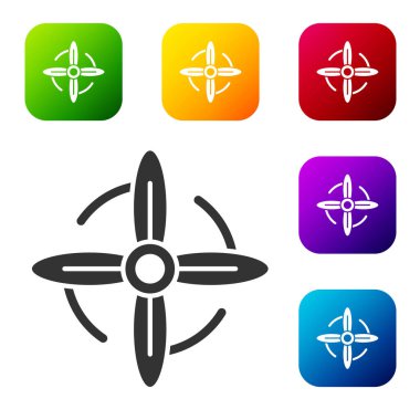 Siyah Rüzgar türbini simgesi beyaz arkaplanda izole edildi. Rüzgar jeneratörü işareti. Elektrik üretimi için yel değirmeni. Renkli kare düğmelerle simgeleri ayarla. Vektör.