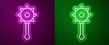 Parlayan neon çizgisi, mor ve yeşil arka planda izole edilmiş Ortaçağ zincirli topuz ikonu. Ortaçağ silahı. Vektör.
