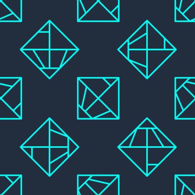 Yeşil çizgi rubik küp simgesi mavi arkaplanda izole edilmiş pürüzsüz desen. Mekanik yapboz oyuncağı. Rubik 'in 3 boyutlu küp kombinasyon bulmacası. Vektör.