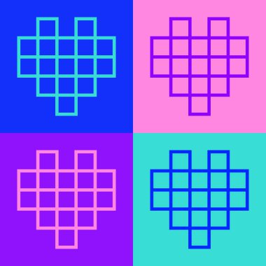 Pop sanat çizgisi Pixel 'in renk arkaplanında izole edilmiş oyun simgesi için kalpleri. Vektör.