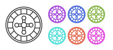 Siyah çizgi kumarhane rulet ikonu beyaz arka planda izole edilmiş. Simgeleri renklendirin. Vektör.