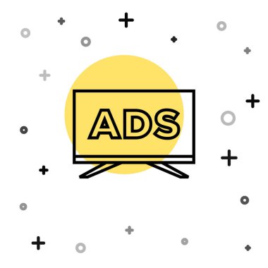 Beyaz arkaplanda siyah çizgi reklam simgesi izole edildi. Pazarlama ve tanıtım süreci kavramı. İlgili reklamlar. Sosyal medya reklamcılığı. Rastgele dinamik şekiller. Vektör.