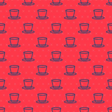 Mavi çizgi silindir şapka simgesi kırmızı arkaplanda izole edilmiş kusursuz desen. Vektör.